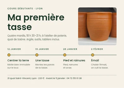 Cours de tournage de poterie — quatre soirées