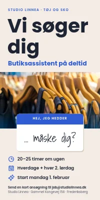 Dørplakat til tøjbutik — vi søger butiksassistent på deltid