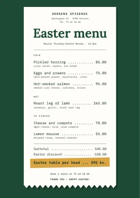 Easter menu as a till receipt — Horsens