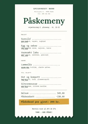Påskemeny som kassakvittering — Horsens