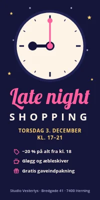 Dørplakat til butik — late night shopping torsdag til kl. 21