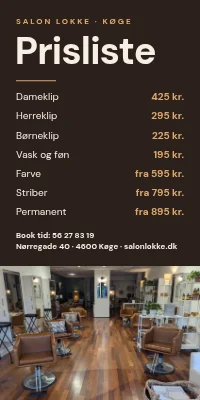 Dørplakat til frisør — prisliste
