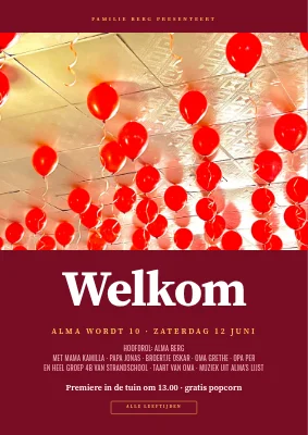 Tiende verjaardag — welkomstbord als filmposter