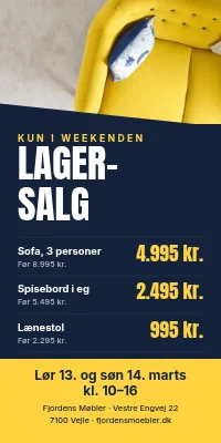 Dørplakat til møbelforretning — lagersalg kun i weekenden