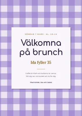 Födelsedagsbrunch — välkomstskylt med ginghamruta