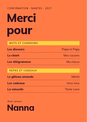 Carte de remerciement — menu de remerciement sur fond orange