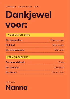 Bedankkaart — bedankmenu op oranje