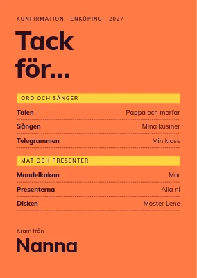 Tackkort — tackmeny på orange