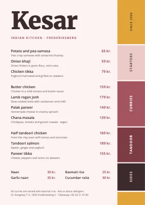 Indian restaurant — tabbed menu