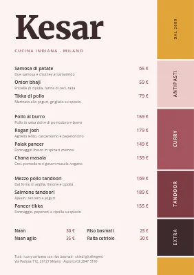 Ristorante indiano — menu a schede