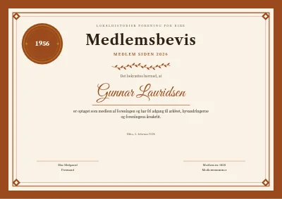 Medlemsbevis — lokalhistorisk forening