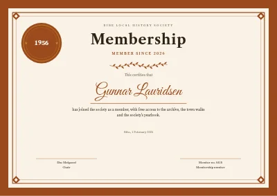 Membership certificate — local history society