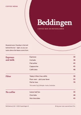 Coffee menu — bar in the old hall