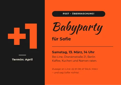 Babyparty — großes +1 auf Schwarz und Orange