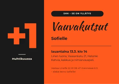 Vauvakutsut — iso +1 mustalla ja oranssilla