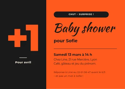 Baby shower — un grand +1 sur noir et orange