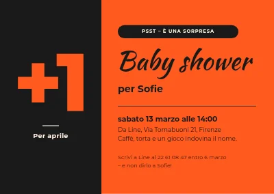 Baby shower — un grande +1 su nero e arancione