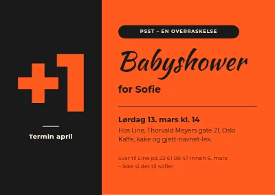 Babyshower — stor +1 på svart og oransje