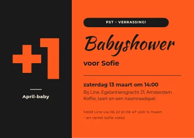 Babyshower — grote +1 op zwart en oranje