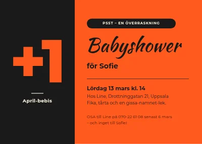 Babyshower — stor +1 i svart och orange