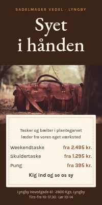 Dørplakat til lædervarebutik — lædertasker syet i hånden