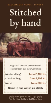 Door poster for a leather goods shop — hand-stitched leather bags