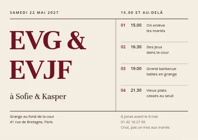 Fête d'EVG et d'EVJF dans la grange — programme