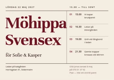 Svensexa och möhippa i ladan — program