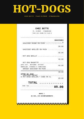Page 1 de Stand de hot-dogs — menu en ticket de caisse