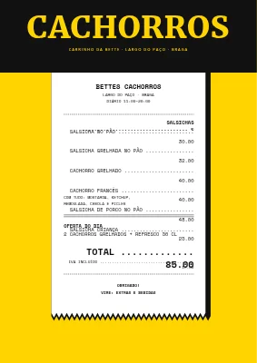 Página 1 de Banca de cachorros-quentes — menu em formato de talão de caixa