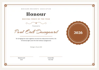 Certificate of honour — residents' association