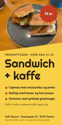Dørplakat til café — frokosttilbud, sandwich og kaffe