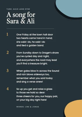Page 2 of Town hall wedding song booklet — cut paper