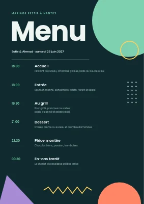 Menu de mariage — festival aux formes Memphis