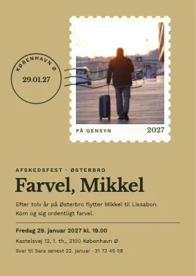 Afskedsfest — frimærke med kuffert