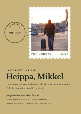 Läksiäisjuhlat — postimerkki ja matkalaukku