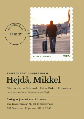 Avskedsfest — frimärke med en resväska