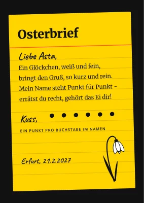Schneeglöckchen-Buchstabe auf gelber Karteikarte
