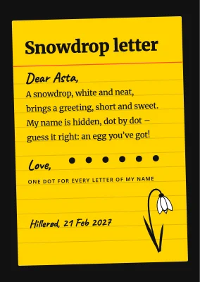 Snowdrop letter on a yellow index card