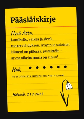 Lumikellokirjain keltaisella arkistokortilla
