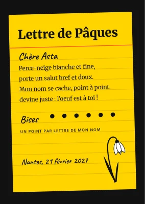 Lettre perce-neige sur fiche bristol jaune