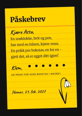 Snøklokkebrev på gult kartotekkort