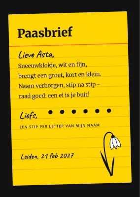 Sneeuwklokjesletter op een gele indexkaart