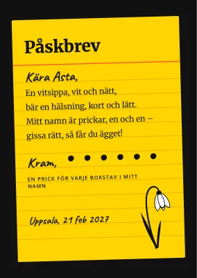 Påskbrev på ett gult kartotekskort