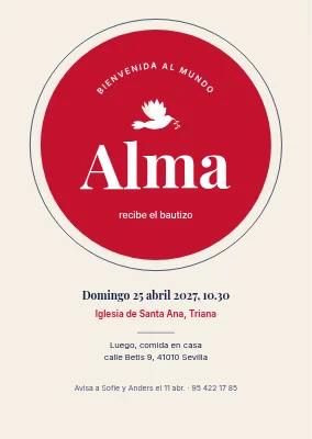 Bautizo — círculo rojo cereza con una paloma