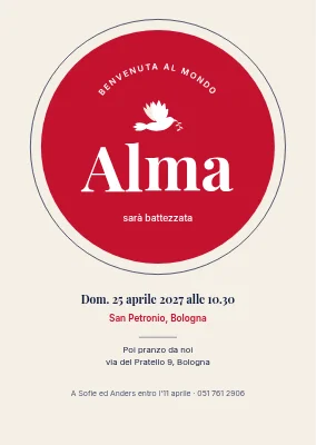 Battesimo — cerchio rosso ciliegia con una colomba