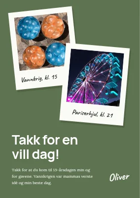 13-årsdag – takkekort med instantbilder