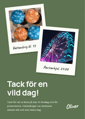 13-årsdag — tackkort med instantbilder