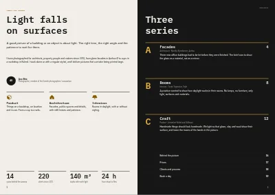 Pagine 2–3 di Portfolio for a product and architecture photographer – 20 pages