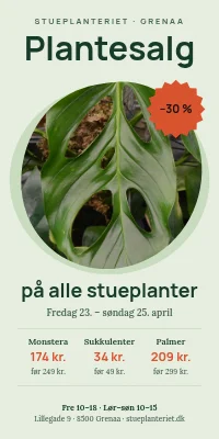 Dørplakat til planteforretning — plantesalg, alle stueplanter −30 %